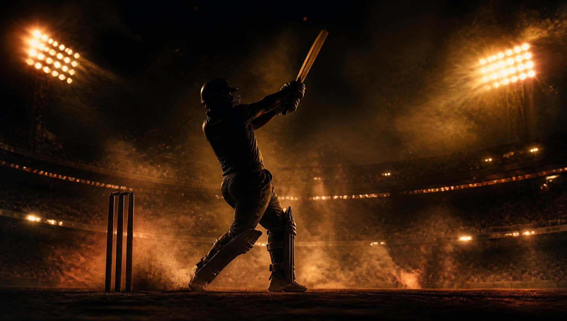 Cricket batsman playing a shot under stadium floodlights